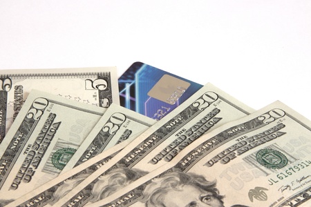 bank cards and U S  dollars isolated on white background