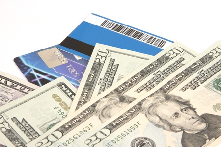 bank cards and U S  dollars isolated on white backgroundの写真素材