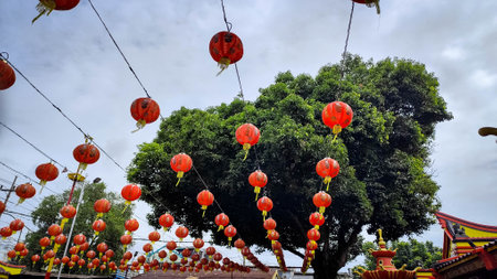 Hanging Red Lanterns Among Treesの写真素材