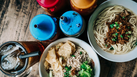 A full portion of cwie mie and chicken noodles with iced tea and some sauces.の写真素材