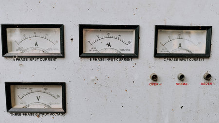 A close-up view of a control panel featuring three input current meters and one output voltage meterの写真素材