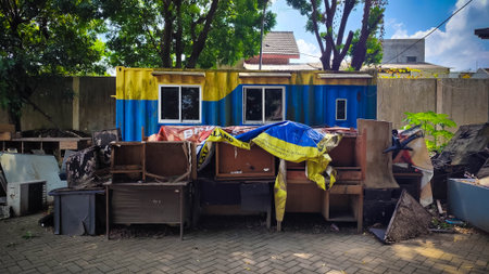 Discarded furniture and debris fill a messy outdoor space in front of a corrugated container buildingの写真素材