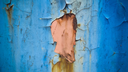A vertical patch of exposed reddish-brown material with rust streaks appears under peeling blue...