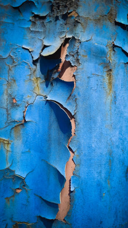 Large flakes of cracked blue paint peel off to reveal a reddish-brown layer underneathの写真素材