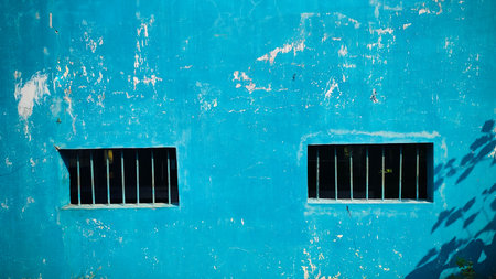A weathered bright blue wall with barred windows and peeling paint detailsの写真素材