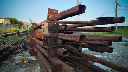 A low-angle close-up of a pile of heavily rusted, square and rectangular metal pipes or beams, stacked on a gravelly patch of ground with a blurred backgroundの写真素材
