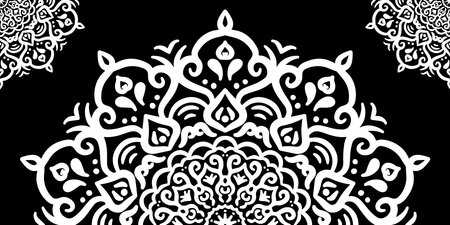 A large, intricate white floral mandala motif centered at the top, with corner elements on a black backgroundのイラスト素材