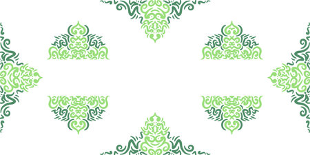 Elaborate, two-tone green scroll motifs decorate all four corners and create symmetrical central design breaksのイラスト素材