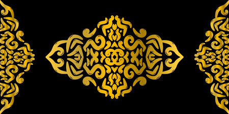 A prominent, elongated, and highly symmetrical gold scrollwork motif centered on a dark black background with side bordersのイラスト素材