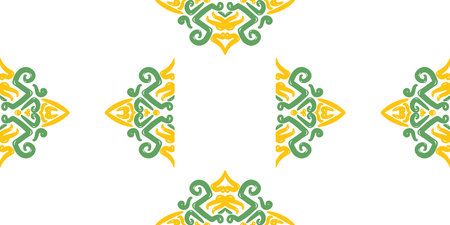 A striking, symmetrical border pattern featuring repeating ethnic-style motifs in a lively green and yellow color palette on whiteのイラスト素材