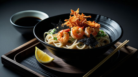 A black bowl of thick udon noodles with shrimp, nori, and fried crispy topping.の素材
