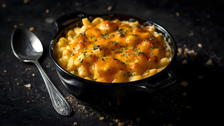 Macaroni and cheese baked with golden crust in a small black casserole dish.の素材