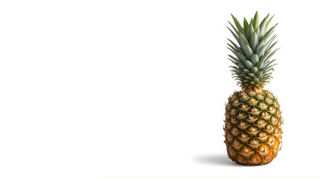 A single, whole, ripe pineapple standing upright with its crown on a white background.の素材