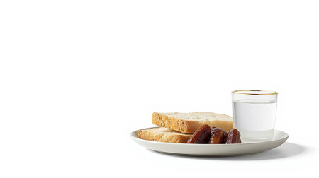 A healthy minimalist breakfast featuring dried dates, slices of bread, and fresh water.の素材