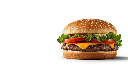 Delicious cheeseburger with fresh lettuce, tomato, and melted cheese on sesame seed bun.の素材
