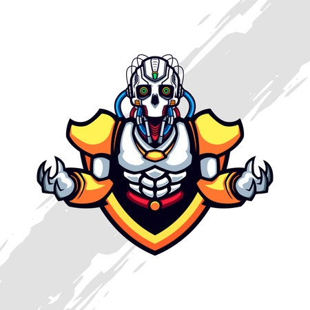 Cyberpunk Skull Robot Injected Cable wearing Clean Armor on Golden Shieldのイラスト素材