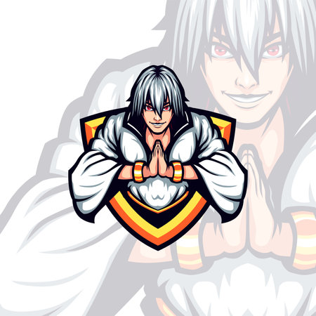 White Haired wearing White Kimono Prayer Vector Mascotのイラスト素材
