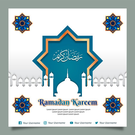 White Islamic Square Banner Template Design with Geometric Ornament and Mosque Silhouetteのイラスト素材