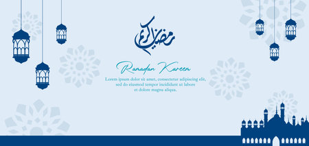 Blue Islamic Background with a Text Calligraphy that says Ramadan Kareemのイラスト素材