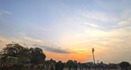 Sunset in the city, panoramic view of the cityの写真素材