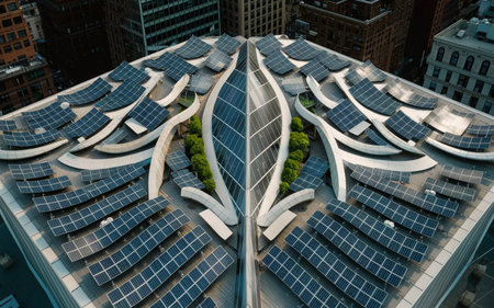 Aerial view of solar panels on the roof of a skyscraper