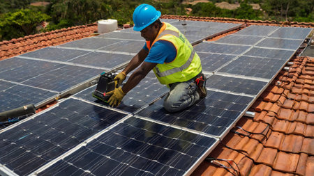 solar power plant worker installing photovoltaic panels on roof