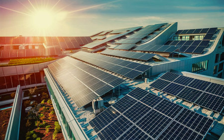 Solar panels, photovoltaic modules for innovation green energy with sunbeam.