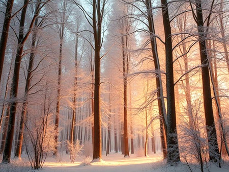 Winter forest at sunset with trees covered with hoarfrost and snow