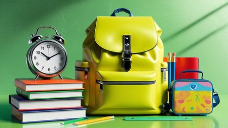 Back to school concept with backpack, books and alarm clock on green background