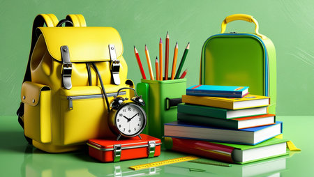 Back to school concept. School supplies on green background. 3d illustration