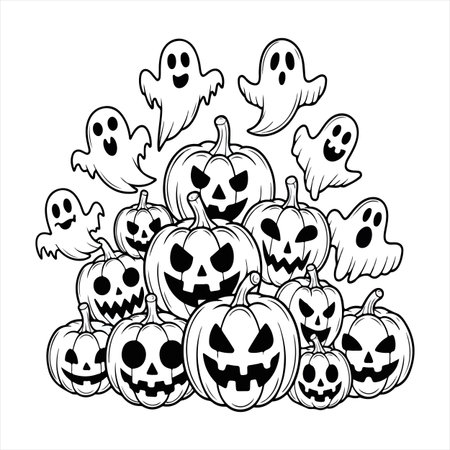Halloween pumpkin faces and ghost cartoon illustrationsのイラスト素材
