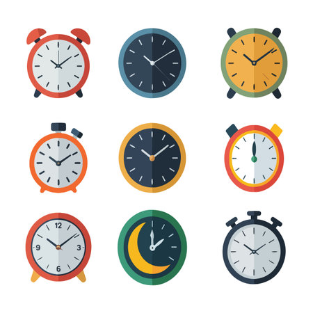 Flat-style clock and alarm icon set in colorful illustrationsのイラスト素材