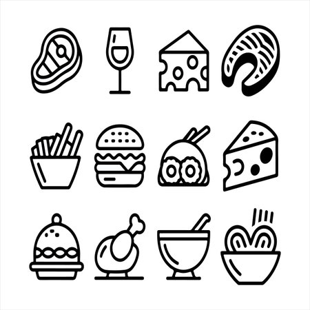 Minimal gourmet food icons set in hand-drawn illustrations with burgers, sushi, steak, cheese, wine, etc.のイラスト素材