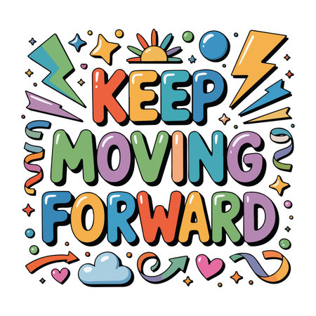 Colorful motivational design with the message Keep Moving Forward surrounded by fun icons and symbolsのイラスト素材