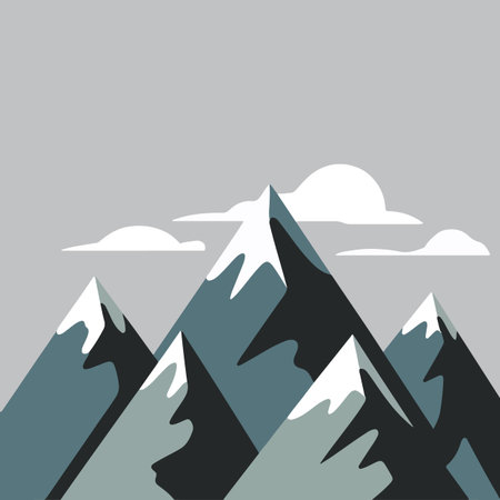 Mountain range with snow-covered peaks and soft clouds on a grey backgroundのイラスト素材