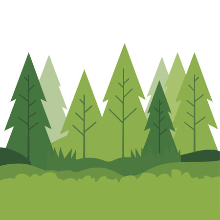 Forest scene with various forest trees and grassy groundのイラスト素材