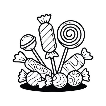 Black and white candy and lollipop illustration for kids and sweet treat loversのイラスト素材