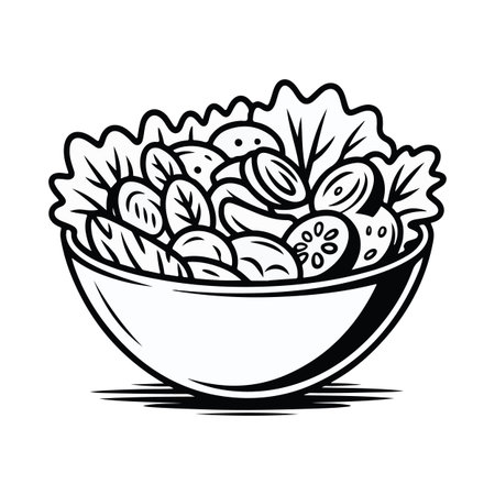 Black and white vegetable salad bowl illustration with various leafy greens and slicesのイラスト素材