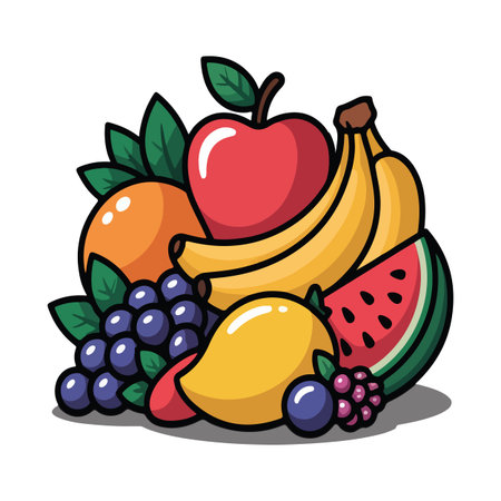 Fresh fruits illustration with bananas, apples, grapes, and watermelonのイラスト素材