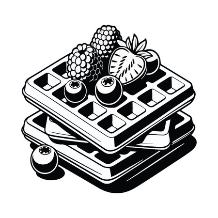 Black and white illustration of waffles with berriesのイラスト素材