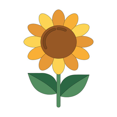 Vibrant sunflower illustration with yellow petals and green leavesのイラスト素材