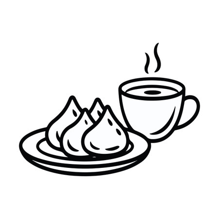 Samosa plate with hot tea in hand-drawn illustrationのイラスト素材