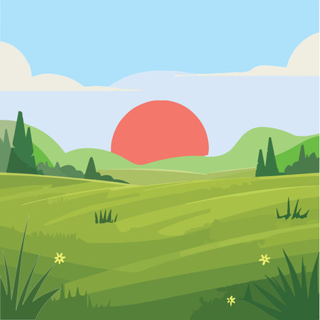 Green field landscape background illustration with blue sky and sunsetのイラスト素材
