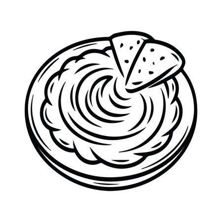 Hand drawn food illustration of hummus dip with pita bread on a plateのイラスト素材