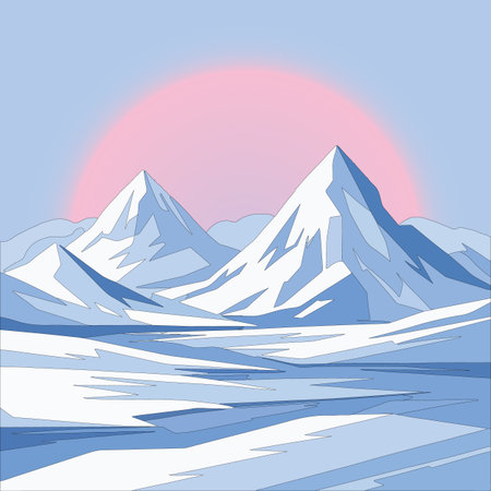 Frozen mountain valley landscape background illustration with glacial snow capped peaks and soft pastel sunrise in the skyのイラスト素材
