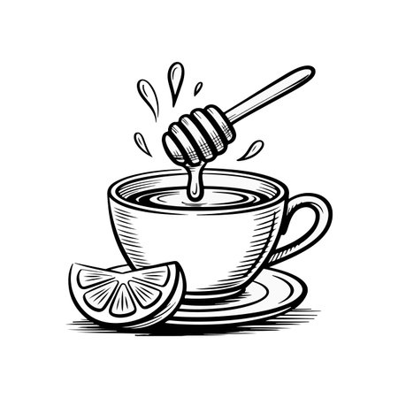 Steaming lemon honey tea sketch outline drawing with honey dipperのイラスト素材