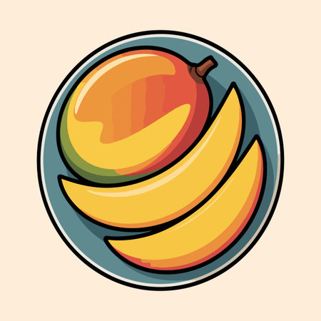Fresh mango and slices on plate vector illustration ripe juicy tropical fruit isolated on creamのイラスト素材