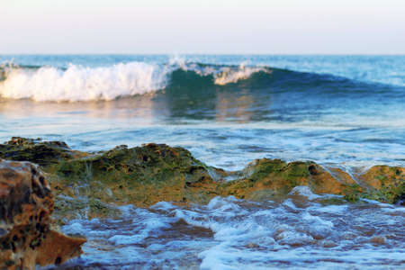 rocks and rolling wave at background