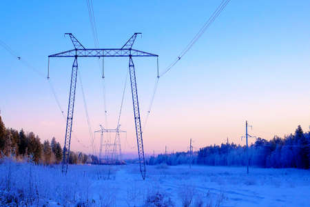 power line in the forest in winter