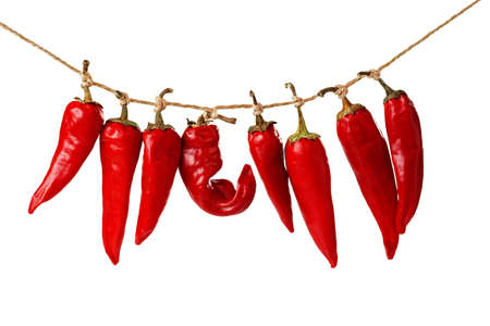 closeup of red chili peppers hanging  on a rope isolated on white background